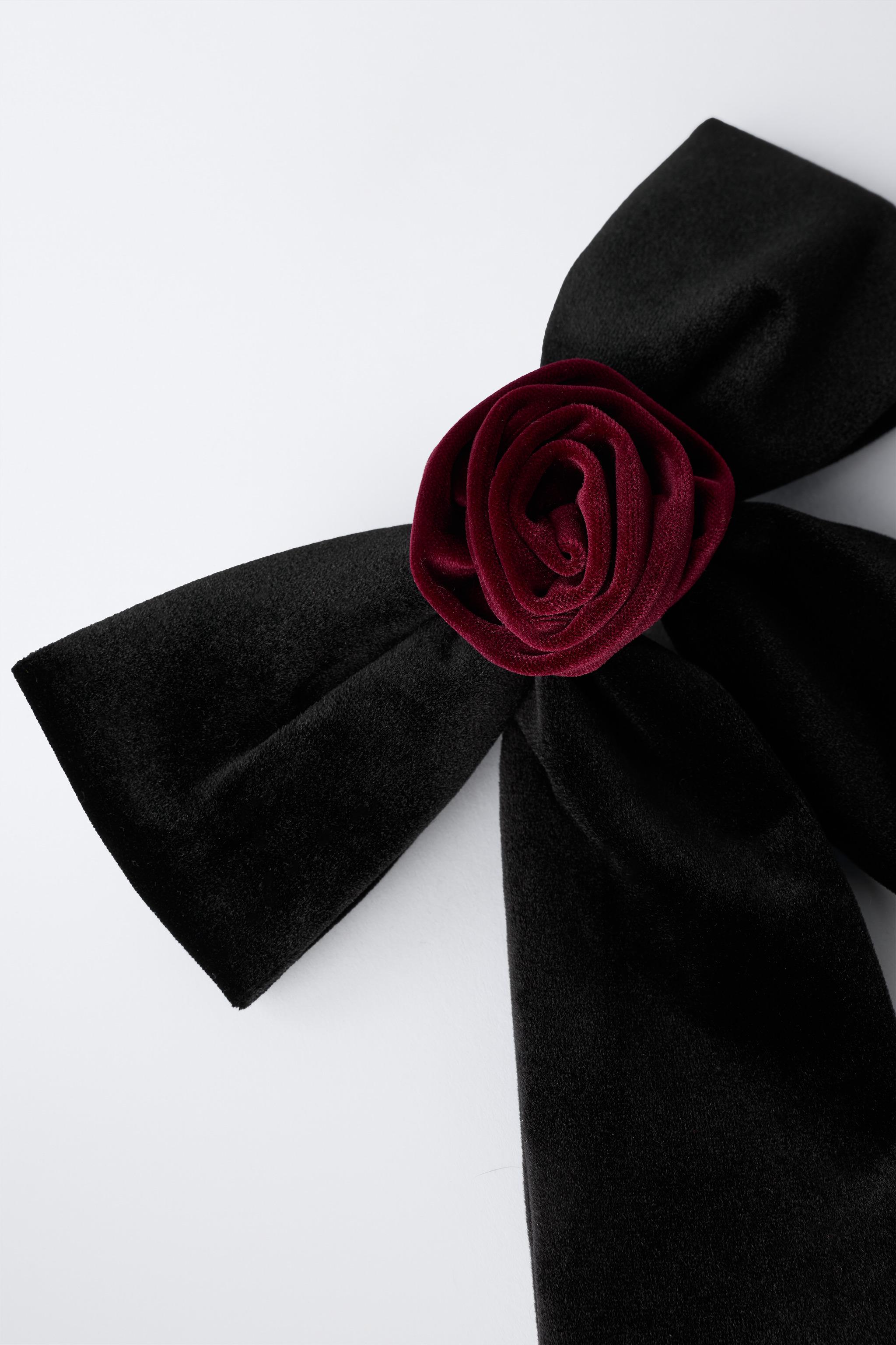 VELVET BOW AND FLOWER BARRETTE